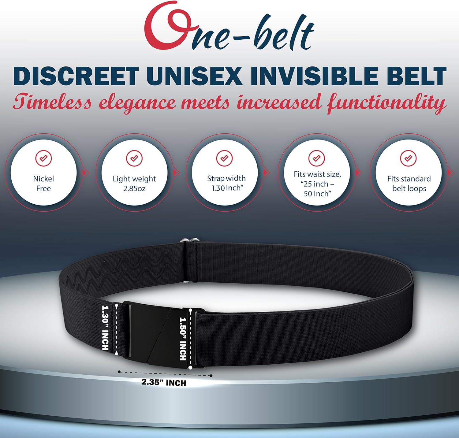 ONE-BELT No Show Invisible Elastic Belts for Women & Men 1.5" Adjustable Non Slip Fits Waist Upto 50 Inch. Designed in USA.