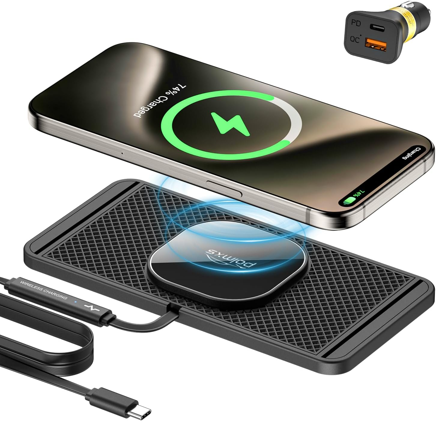 Polmxs Magnetic Wireless Car Charger, 15W Wireless Charging Pad for Magsafe Car Charger USB C Wireless Charger Car Non Slip Wireless Car Phone Charger for Iphone 15/14/13/12, Airpods (1 Meter Cable) image number 2
