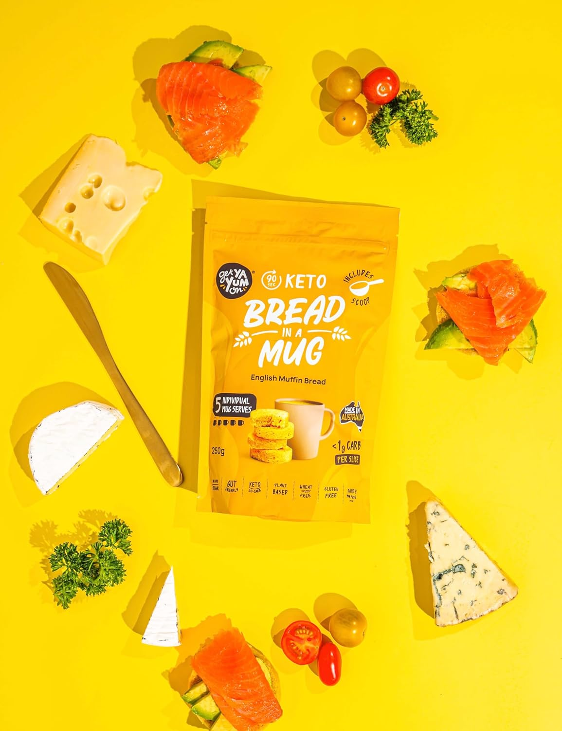 Get Ya Yum on 90-Second Bread in a Mug Mix English Muffin VALUE PACK - 5 X Mug Mix: No Sugar Added, Gluten Free, Low Carb (Keto Friendly) Gut Friendly, Vegan Friendly, <1G Carb per Serve, Plant-Based, 250G