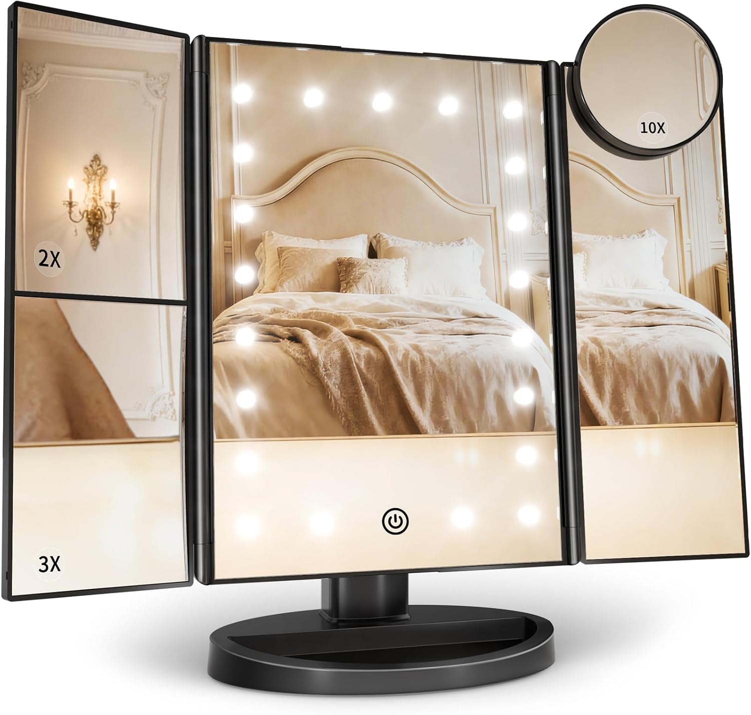 HUONUL Makeup Mirror Vanity with Lights, 2X 3X 10X Magnification, Lighted Mirror, Touch Control, Trifold Dual Power Supply, Portable LED Women Gift (Black) (SM241D-DL) image number 6