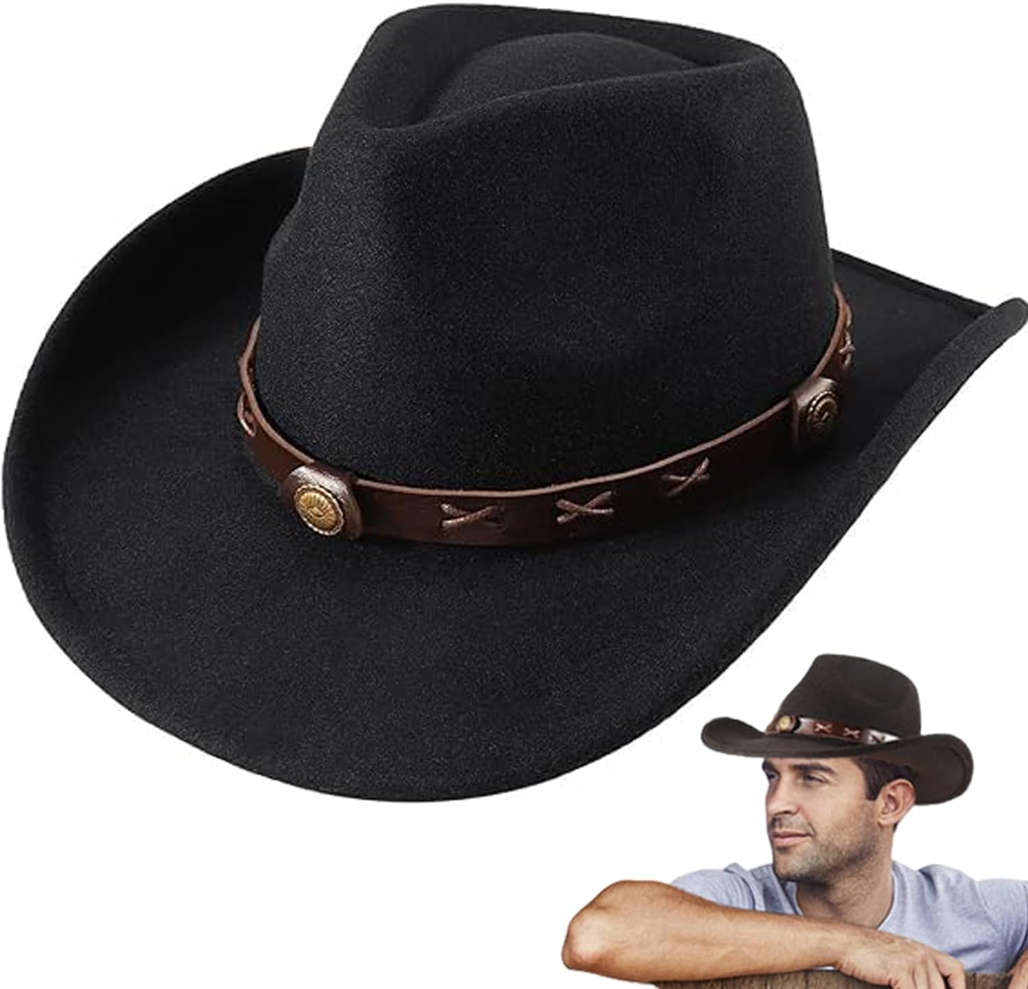 Classic Western Cowboy Hat for Men Women, Wide Brim Felt Fedora Cap, Vintage and Cool Western Style, Sun Protection and Comfort image number 5
