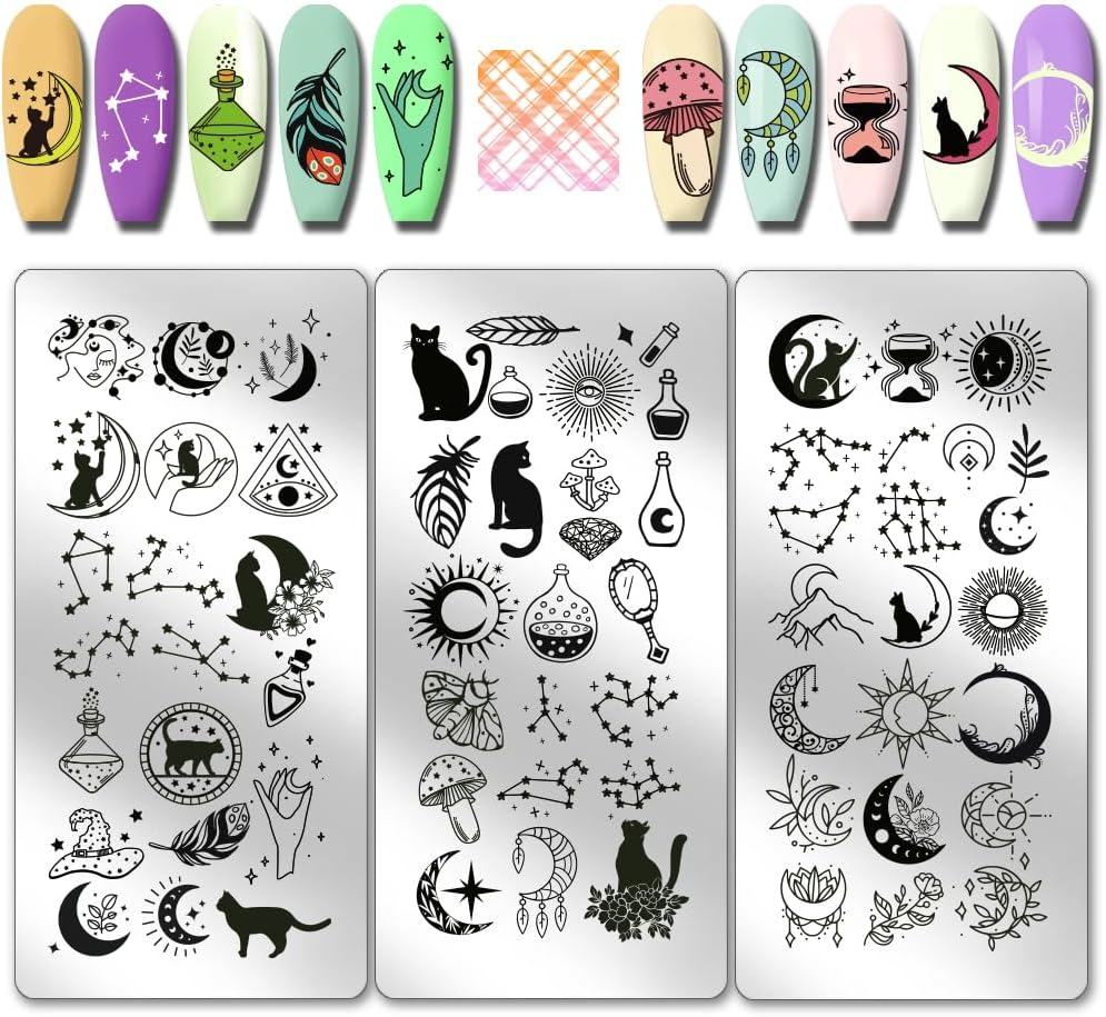 PH Pandahall 3Pcs Moon Stars Pattern Nail Stamp Plate Cute Cat Shape Print Art Template Stainless Steel Nail Image Plate Sun Pattern Nails Art Stencils for Women DIY Printing 4.7X2.3 Inch image number 4