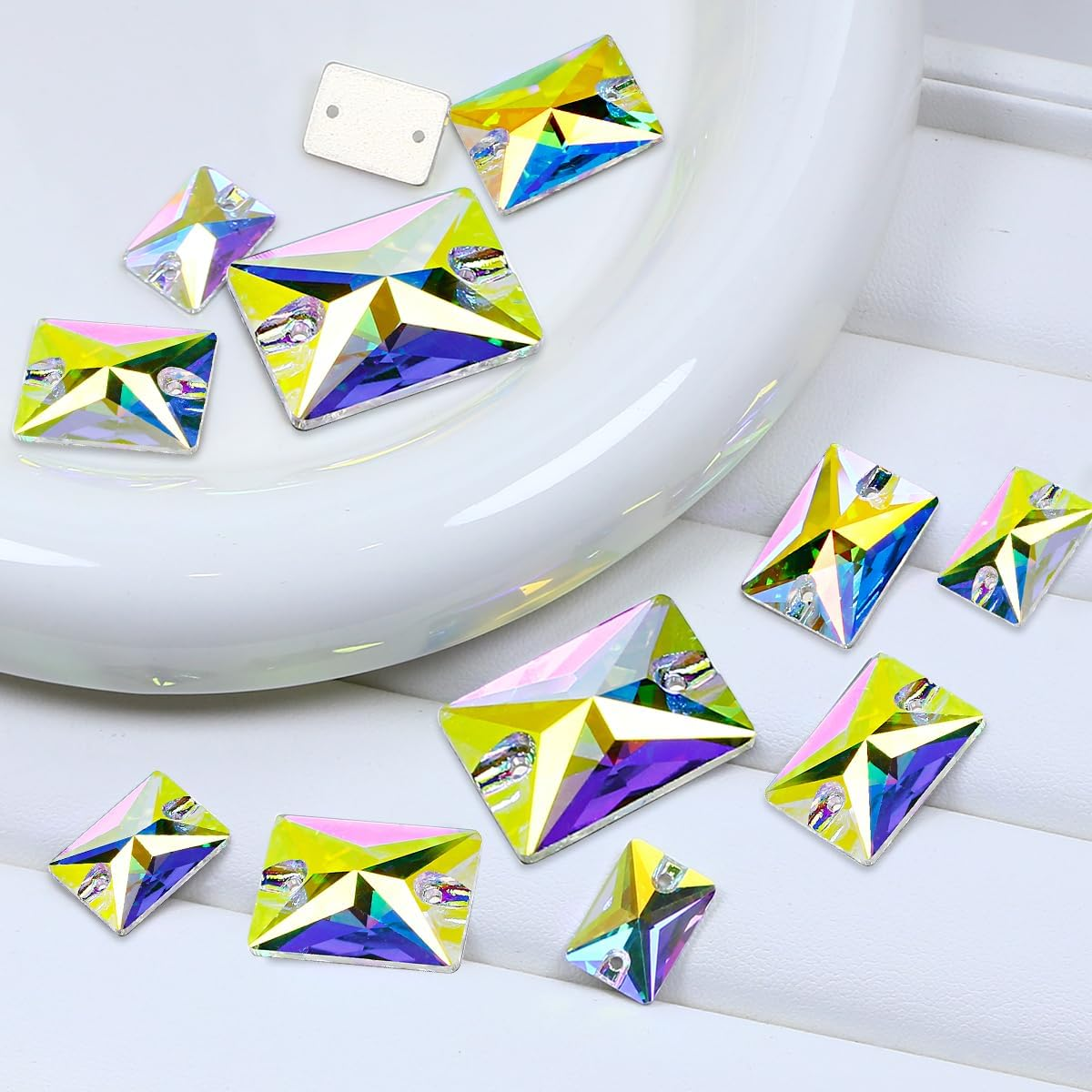 DONGZHOU Crystal AB Sew on Rhinestones Flatback Rhinestone with Holes Rectangle Sew-On Rhinestone Gemstone Strass for Costume, Clothes, Garments, Dress, Jewelry, Belt，Shoes and DIY Crafts