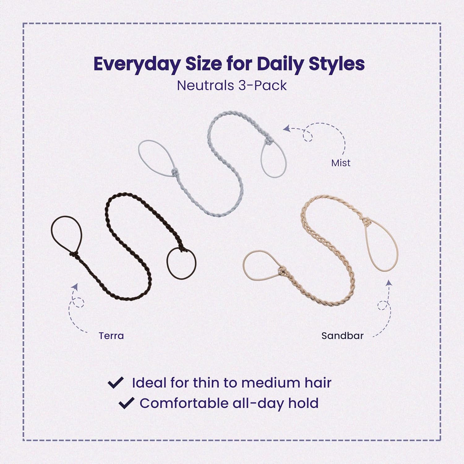 Rip Tie 24" X 2.5Mm Soft Hair Tie for Women, 3 Pack Neutrals &ndash; Tangle Free Ponytail Holders &ndash; Prevents Hair Damage &ndash; Ideal for Activities like Surfing, Exercising, Running, and More