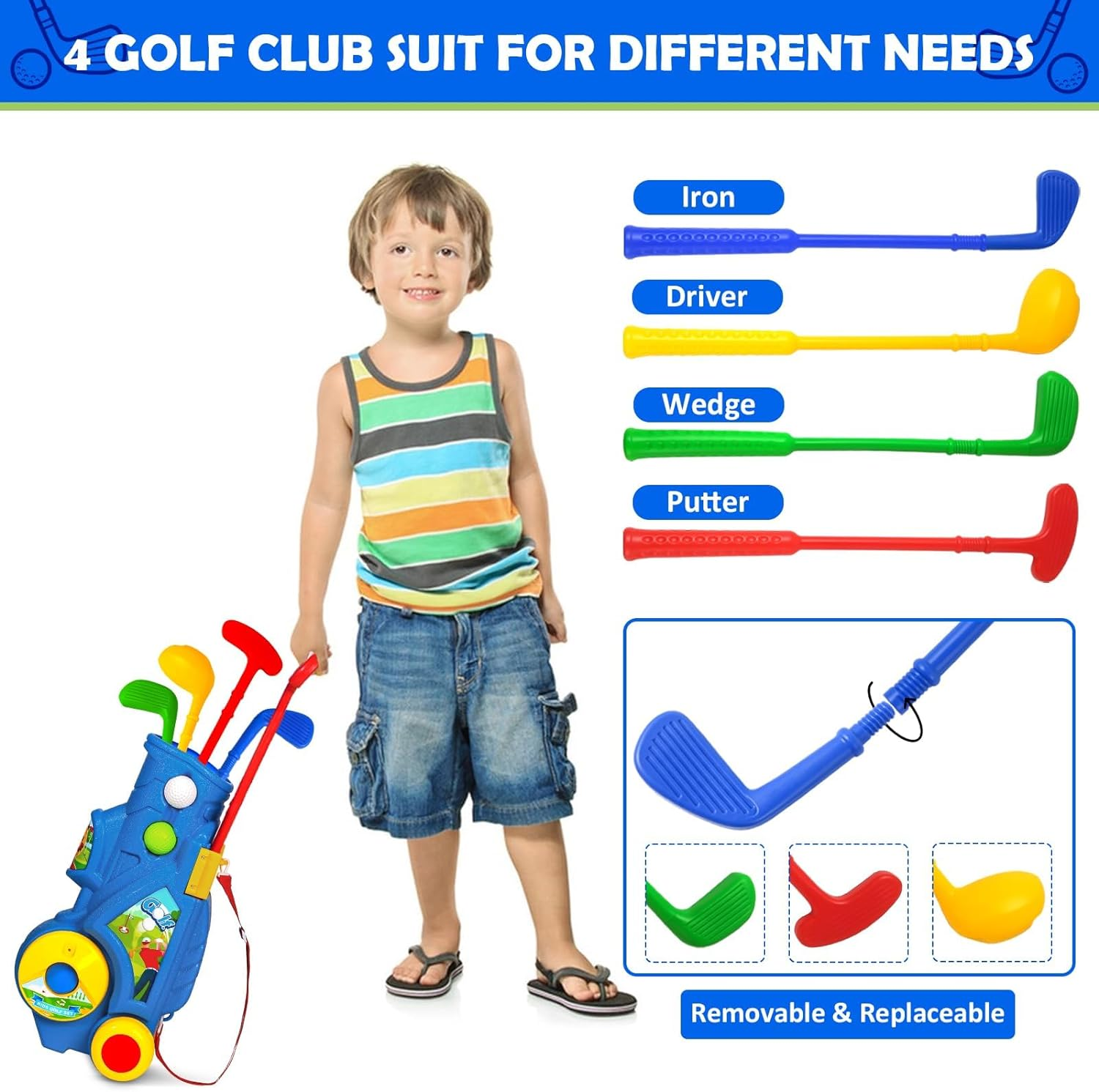 Golf Club Set for Kids, Indoor Outdoor Sports Toys for Boys Girls Ages 2 3 4 5 Year Old, Christmas Birthday Gift Kids 2-5, Toddler Golf Set with 4 Clubs, 8 Balls, 2 Practice Holes, Shoulder Strap image number 3