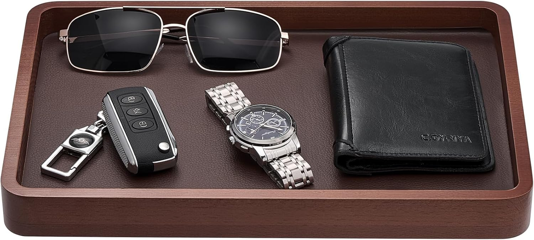 Procase Wooden Valet Tray for Men, Wood Catch-All EDC Organizer, Nightstand, Entryway Bedside Dump Holder, for Wallets, Keys, Watches, Phones, Loose Change, Trinkets -Lightbrown