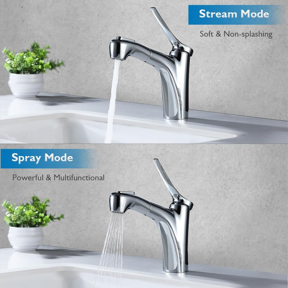 Decaura WELS Bathroom Basin Mixer Tap with Pull-Out Spray Head 2-Function Brass Basin Faucet (Chrome) image number 2