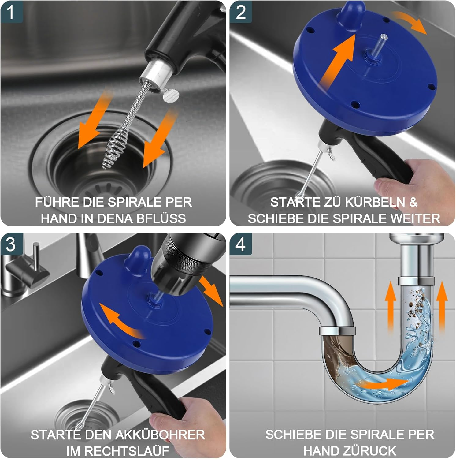 LJEC Pipe Cleaning Spiral 7.5 M with Drill Attachment Manual and Electric Pipe Cleaning Device Stainless Steel Effective Drain Spiral against Blockages with Gloves for Sink, Bathroom, Kitchen image number 3