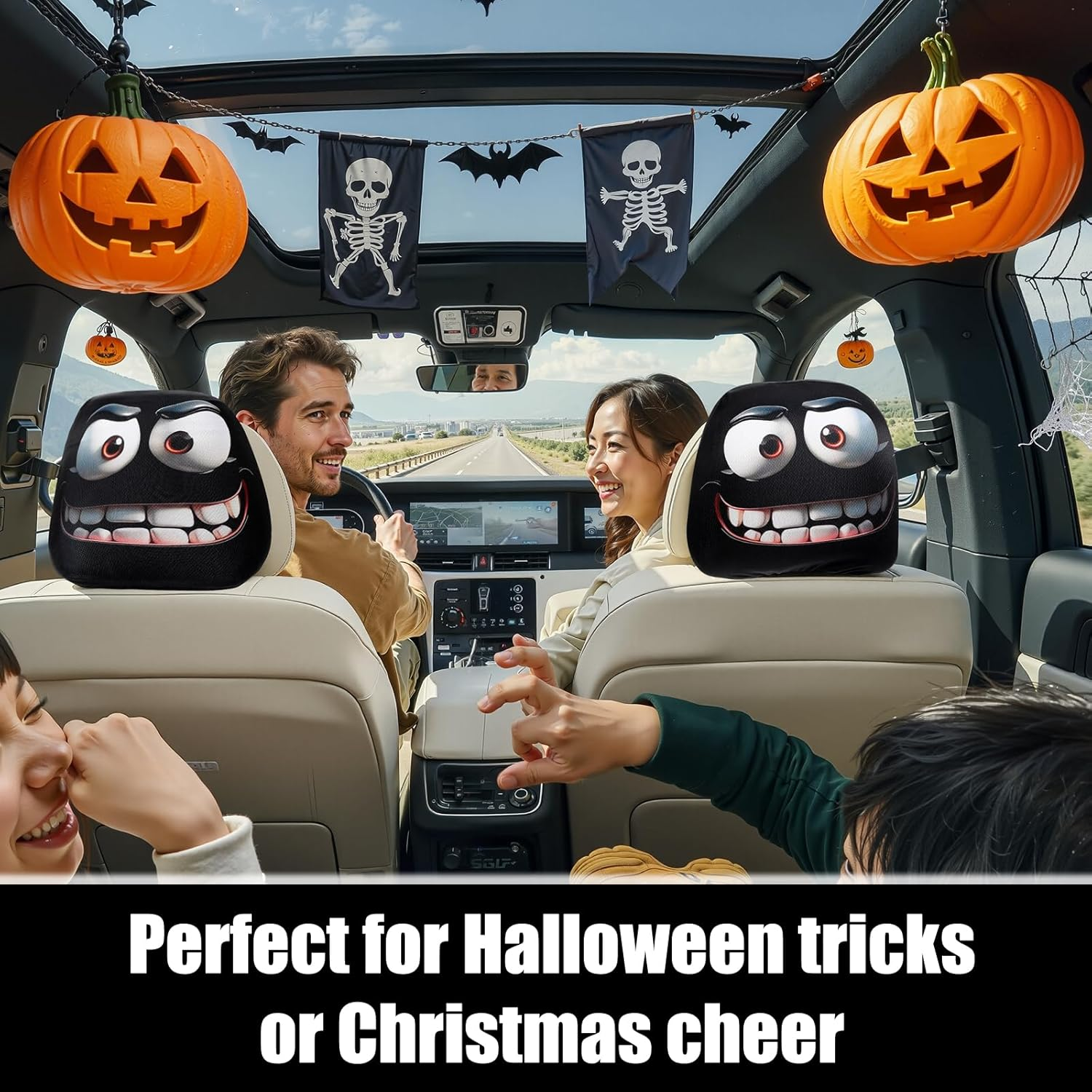 4PCS Funny Cartoon Car Headrest Covers, Cute Funny Cartoon Eyes Car Headrest Covers, Car Seat Head Rest Protector for Auto Front Seat Rest Decoration, Universal Interior Car Accessories image number 1