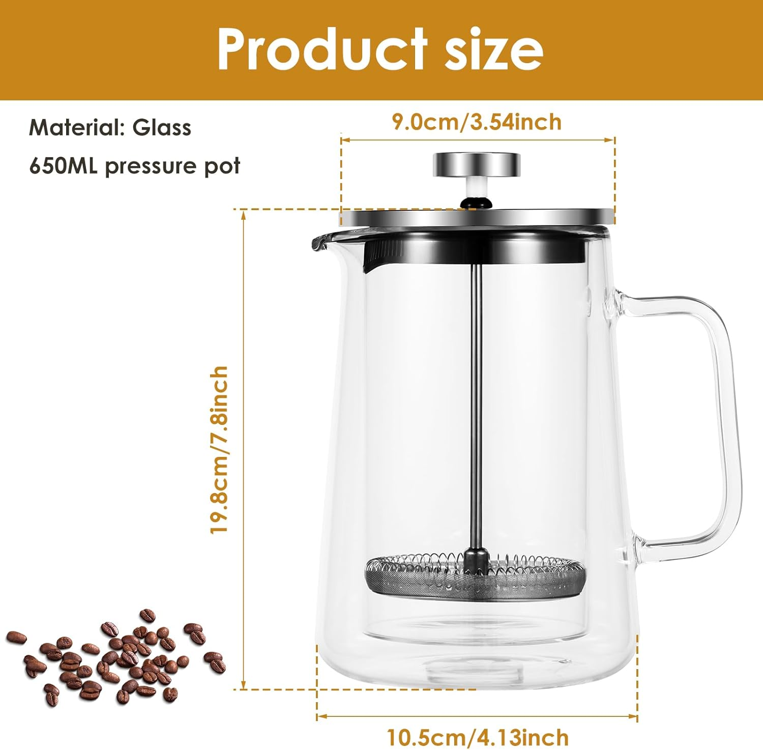 ZLHETWT French Press Coffee Maker, 650Ml, Clear Glass, Double Wall, Easy to Clean, Coffee, Tea, Espresso, Cold Brew, Latte, Cappuccino - 1000Ml image number 3