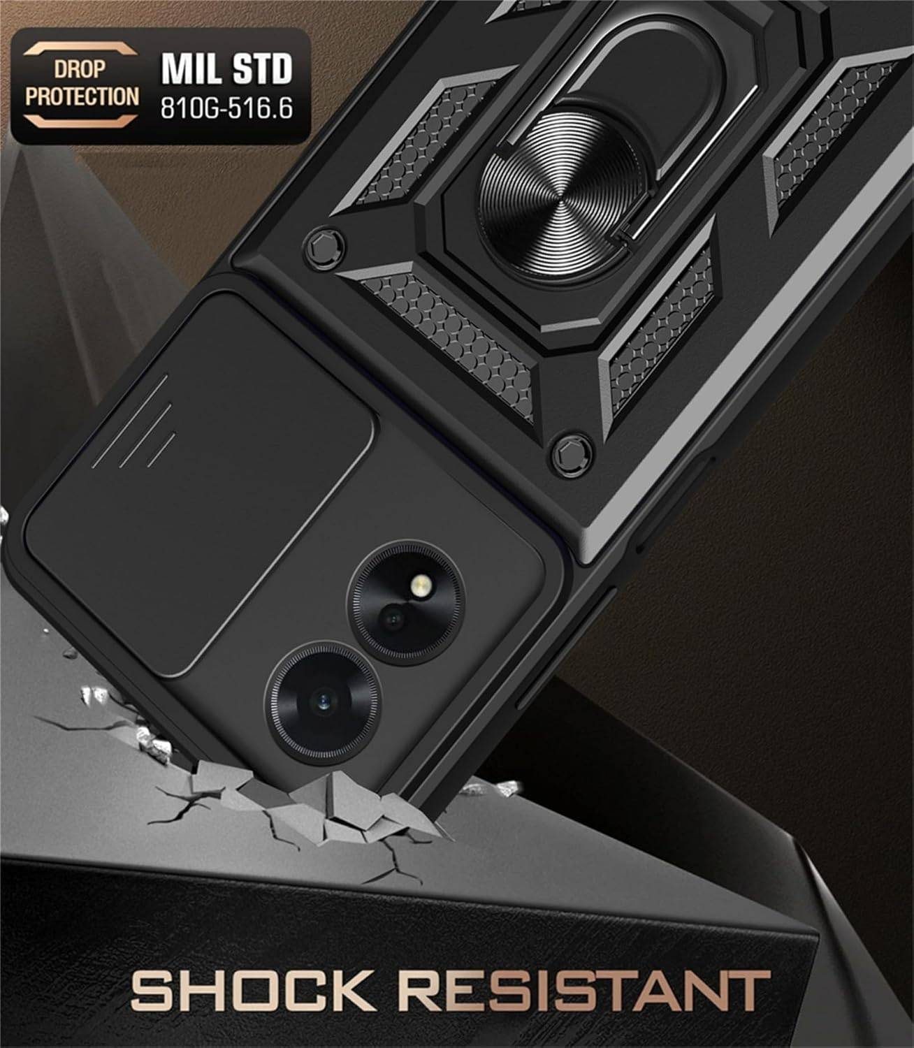 Nexue Case for Oppo A5 Pro 5G,TPU Rugged Heavy Duty Cover with PC Folding Bracket and Sliding Camera Lens Protection,Magnetic Car Mount Supported,Impact-Resistence, ﻿Black