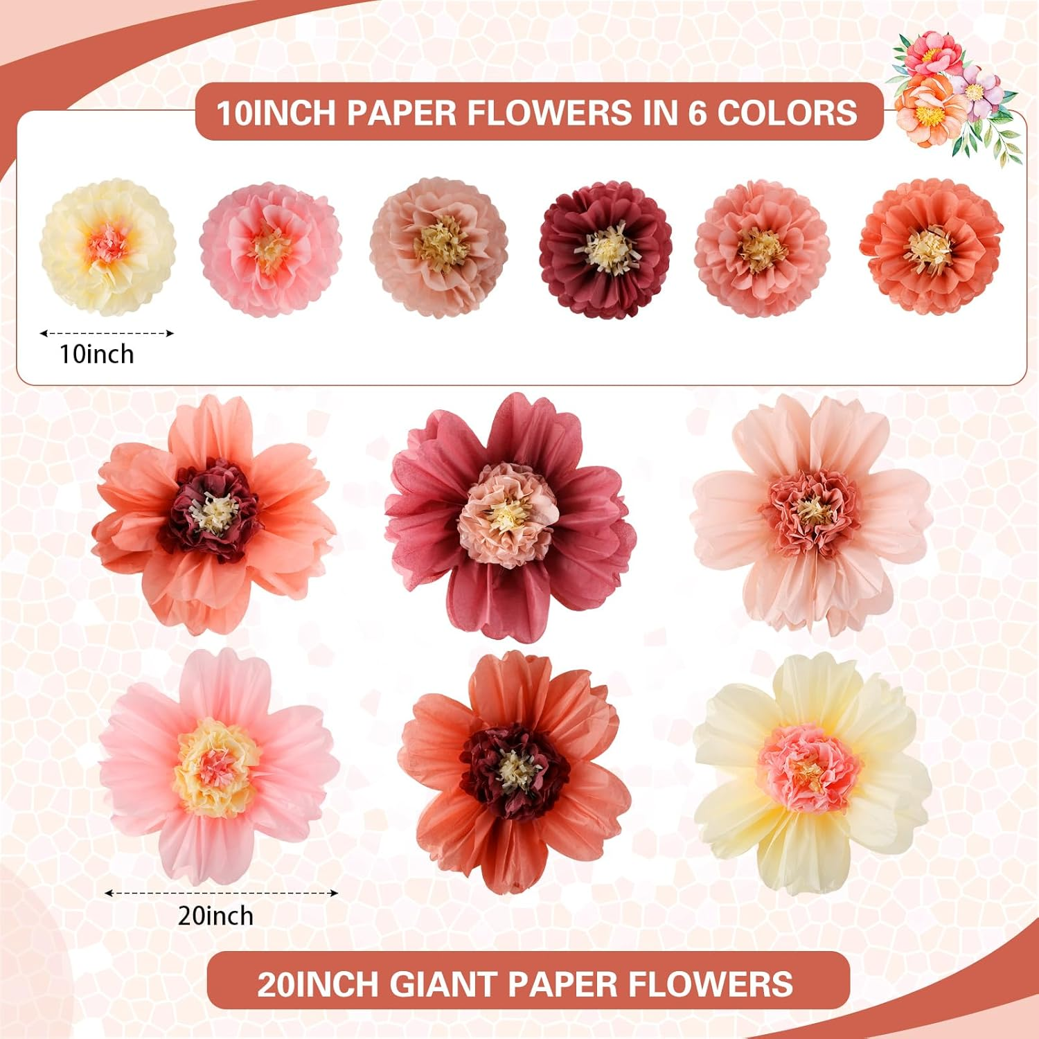 Crowye 24 Pcs Large Colorful Tissue Paper Flowers 20" Handcrafted Giant Fiesta Paper Flowers for Mexican Party Wedding Birthday Backdrop Baby Shower Nursery Craft Outdoor Wall Decor (Vivid Color) image number 2