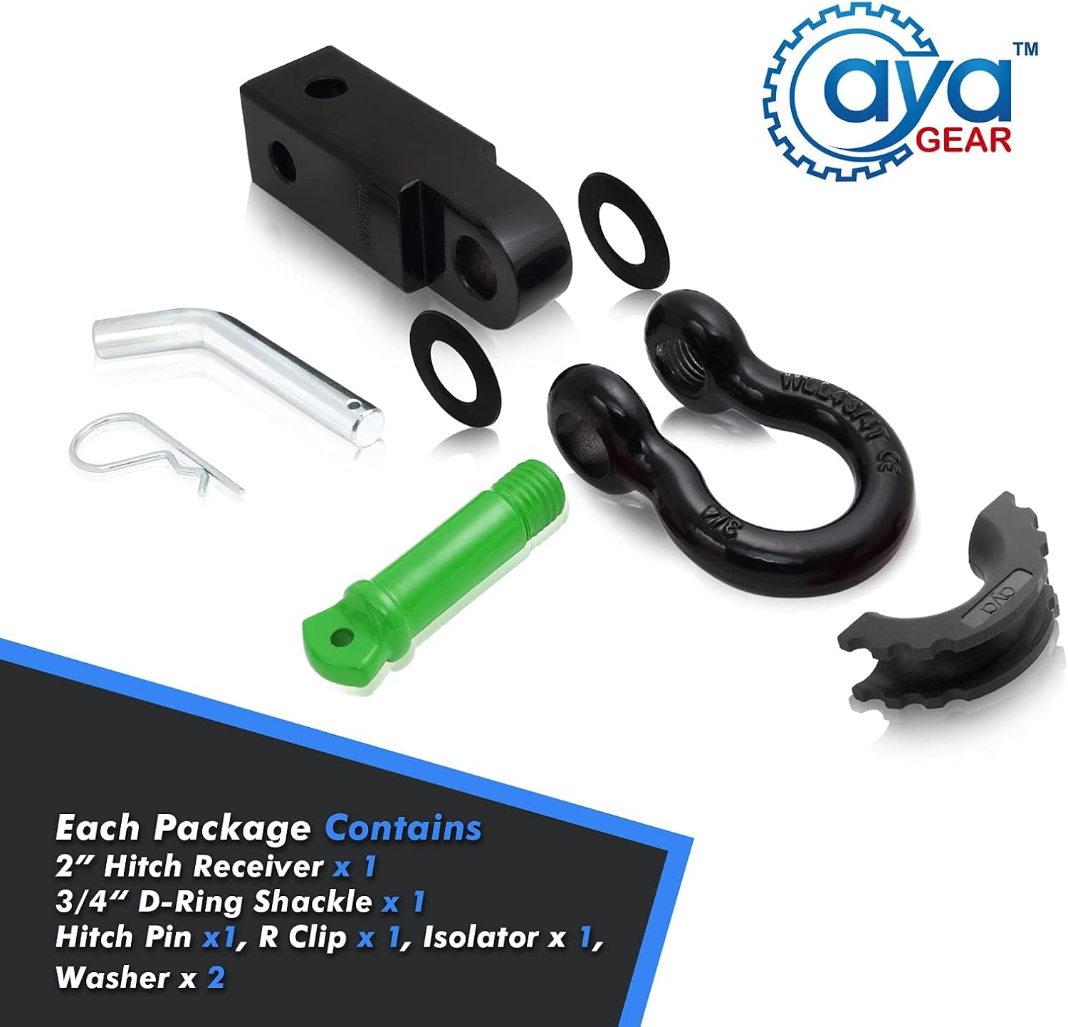Aya Gear Shackle Hitch Receiver 2 Inch 35,000Lbs Break Strength Heavy Duty Receiver with 5/8" Screw Pin, 3/4 Shackle. Vehicle Recovery Off-Road, Towing Accessories Compatible Trucks Jeeps (Greenpin) image number 2