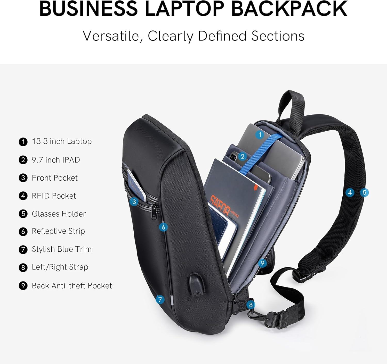 Kingsons Laptop Sling Backpack Slim anti Theft Single Shoulder 13-Inch Laptop Backpack Waterproof Cross-Body Sling Bag image number 1