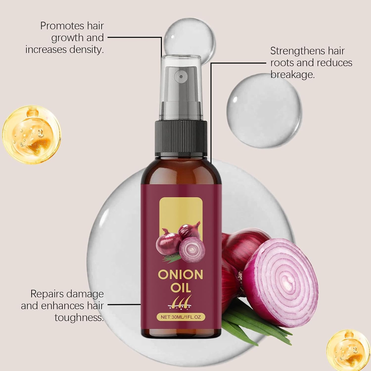 Red Onion Hair Growth Oil Onion Serum Spray: Fast-Absorbing, Non Greasy Formulated, Healthier Hair Enhances Shine, Reduces Hair Fall, Suitable for Dry, Thinning Curly Hair, Scalp for Thicker. (4PCS) image number 1