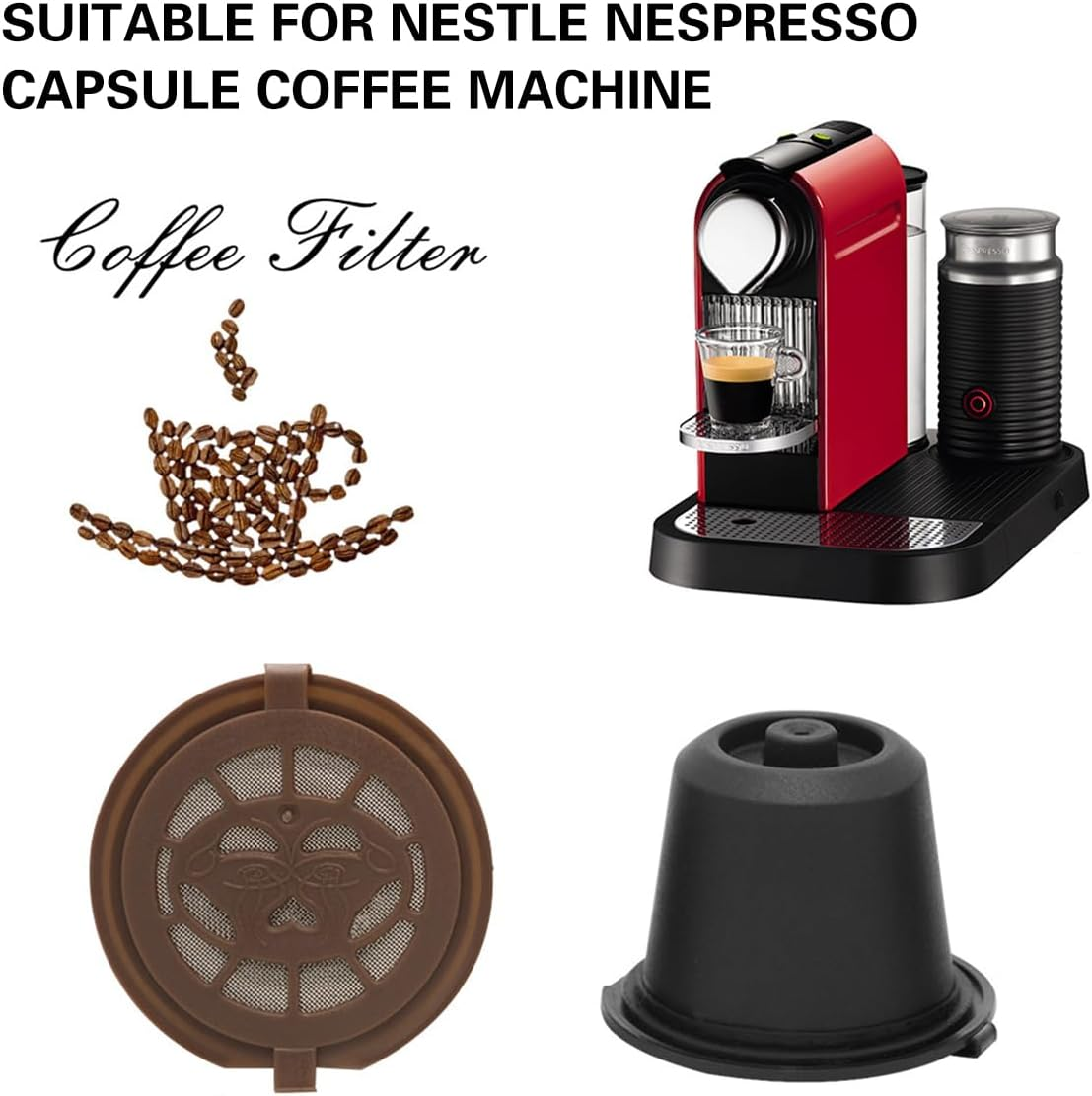 AIMALL 6PCS Reusable Coffee Capsule Pods for Nespresso Machines, Compatible with Nestle Nespresso, Food-Grade PP with 304 Stainless Steel Filter, Includes Spoon & Brush - Brown image number 6