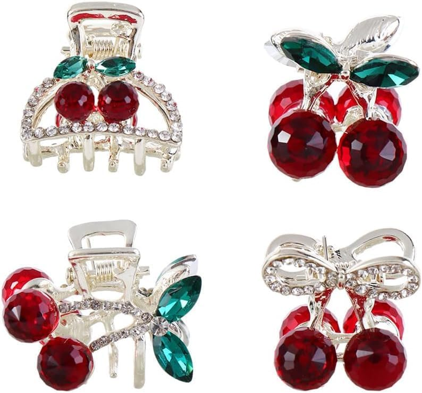 Compact and Cute Clip Cherry Small Hair Claw, 4PCS Mini Crystal Cherry Hair Clip for Women (Red, One Size)