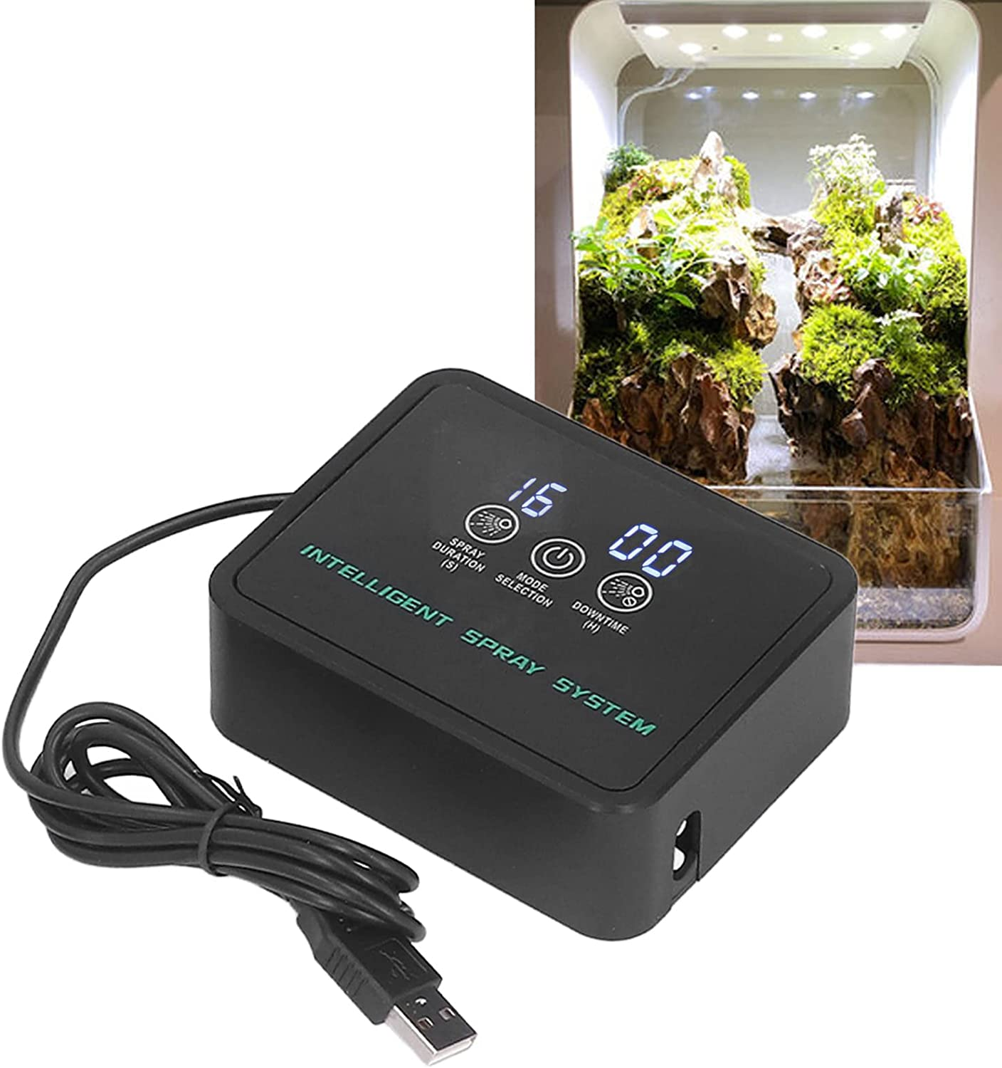 Smart Reptile Atomizer, ABS Plastic Electronic Humidifier with 360 Degree Rotatable Nozzles, Timer Control, 5M Pipeline for Amphibians Terrarium