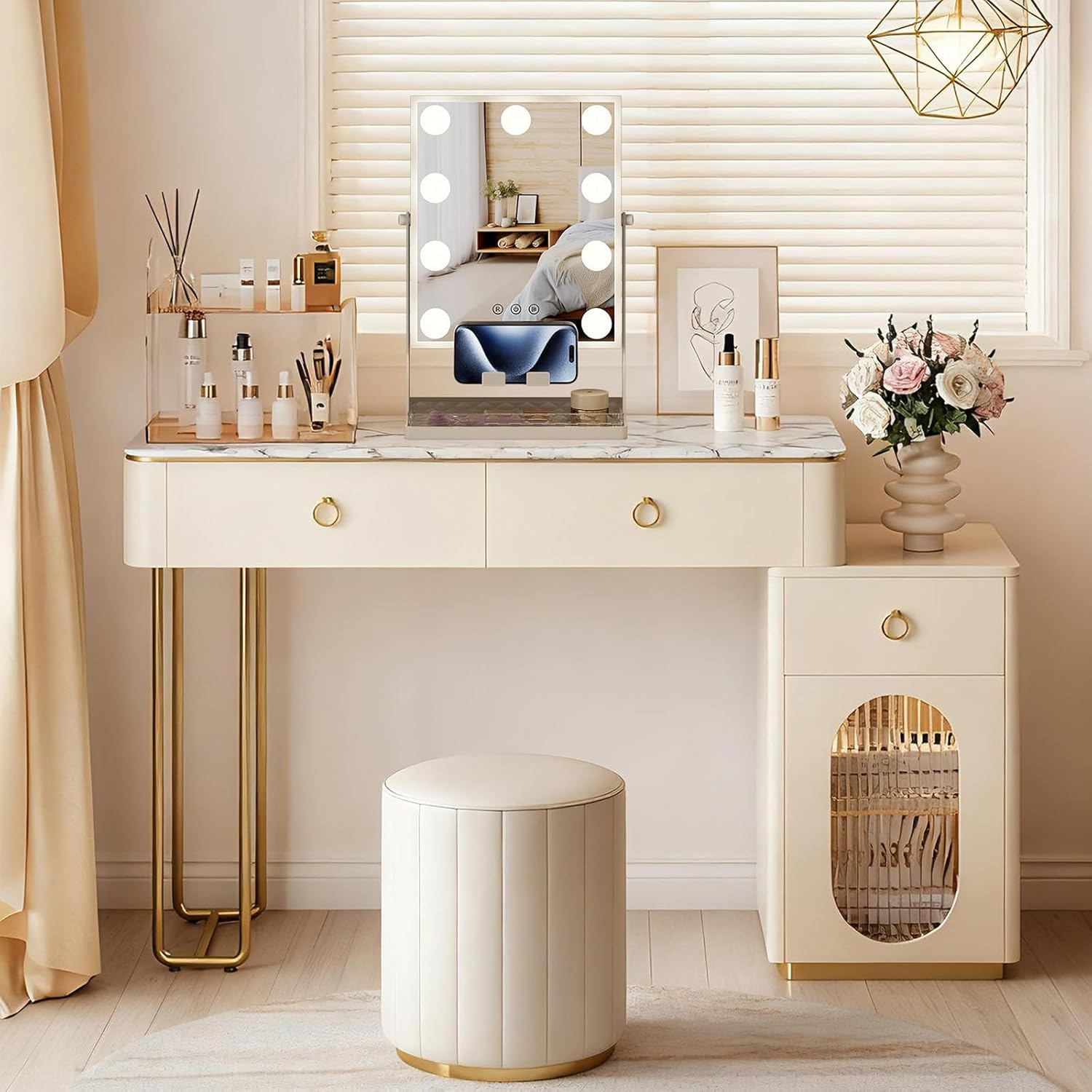 AOBOSI Vanity Mirror with Detachable 10X Magnifying Mirror, Hollywood Makeup Mirror with 9 Dimmable Bulbs, 3 Color Lights, Adjustable Brightness, 360&deg; Rotation, Storage Base & Phone Holder, White image number 2