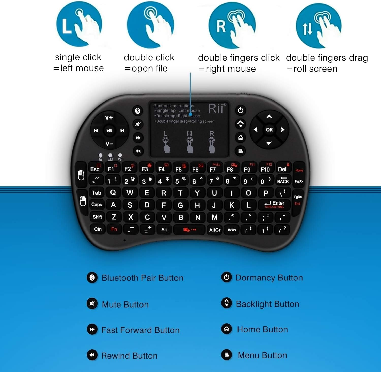 (Upgraded)Rii 2.4Ghz Mini Wireless Keyboard with Touchpad,Qwerty,Led Backlit,Portable Keyboard for Laptop/Pc/Tablets/Windows/Mac/Tv/Xbox/Ps3/Raspberry Pi .(I8+ Black) image number 1