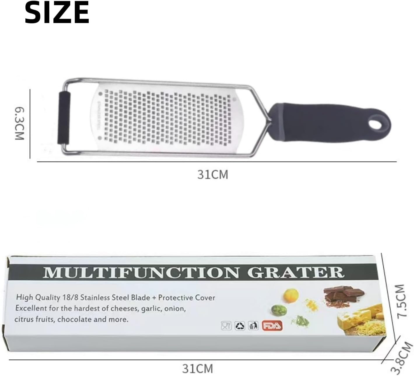 Stainless Steel Lemon & Cheese Grater - Professional Grater for Fruits, Vegetables & Chocolate - Includes Protective Sleeve & Cleaning Brush - Black - Red image number 2