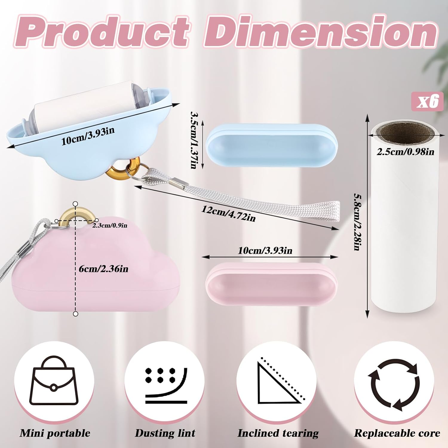 2 Pack Travel Portable Lint Roller with Hand Strap, Reusable Mini Lint Rollers with 6 Refill, Lint Remover for Clothes Bag (Blue+Pink) image number 4