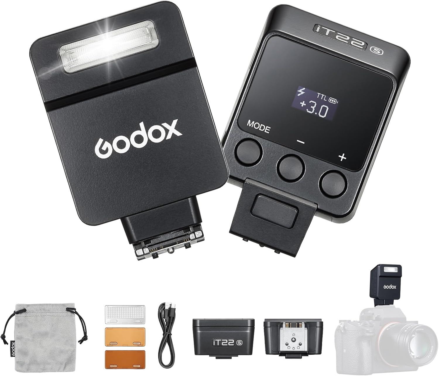 Godox It22 S TTL Mini Flash for Sony Cameras, Mini Camera Flash Speedlite W/Rechargerable Battery & Magnetic Color Filter, 700 Full Power Flashes (Silver)