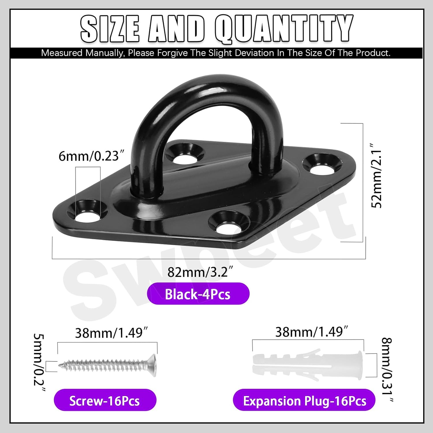 Swpeet 4Pcs M8 304 Stainless Steel Black Rhombus Pad Eye Plate Hook with Screws and Plastic Anchors Assortment Kit, Marine Hardware Hooks Ceiling U Hook Staple Ring Hook for Securing Hanging image number 6