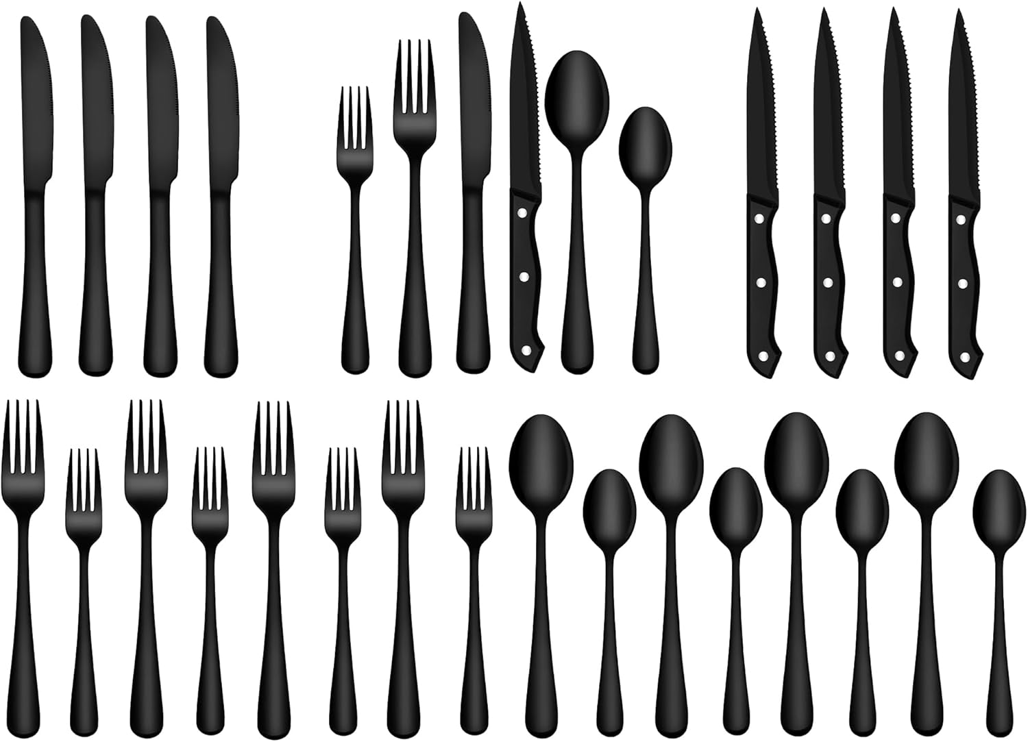 SHEUMNT 24-Piece Black Silverware Set with Steak Knives, Stainless Steel Cutlery Set, Food Grade Flatware Set Service for 4, Mirror Polished Tableware for Home Restaurant