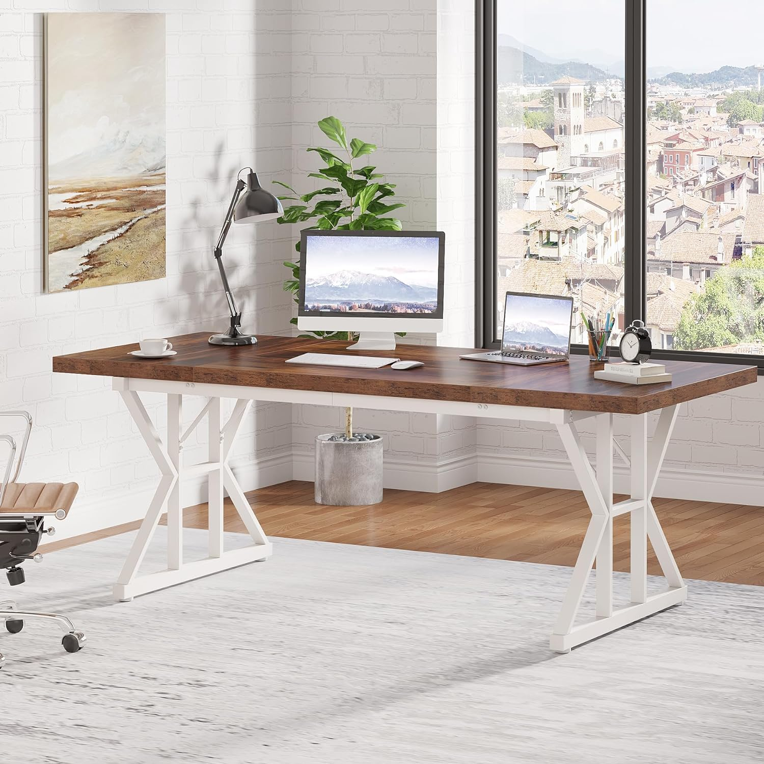 Tribesigns 180 Cm Executive Desk, Large Computer Desk Workstation, Modern Simple Style Office Desk Study Writing Table, Business Working Desk for Home Office (Brown/White, Desk 80Cm Depth)