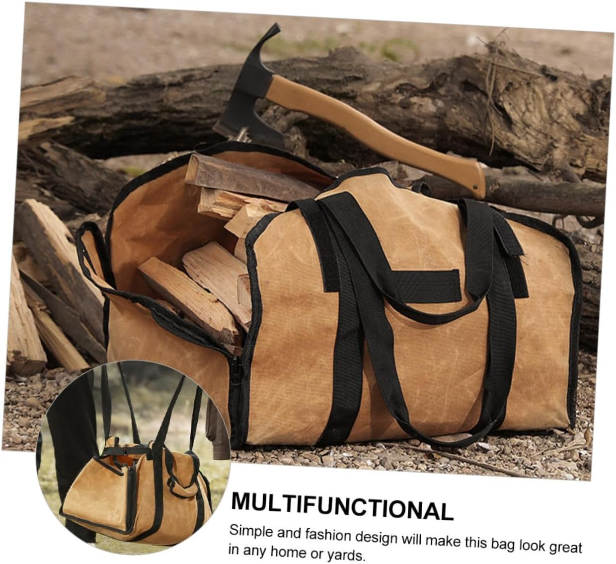Large Canvas Firewood Storage Bag with Handle Strap Log Carrier Tote for Camping Fireplace Garden Tools and Picnic Organizer Khaki Outdoor Wood Tote image number 3