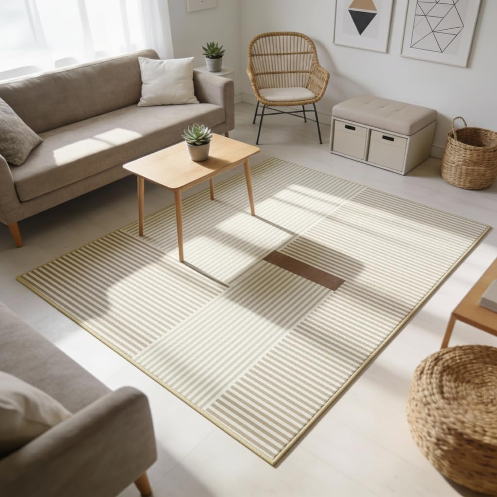 UZU 120X160Cm Machine Washable Area Rug for Living Room and Bedroom Non-Slip Geometric Lines Faux Cashmere Carpet Indoor Large Durable Soft Floor Mat Low Pile Rugs with Anti-Slip Backing - Home Decor - 200X300Cm, Geometric Lines04