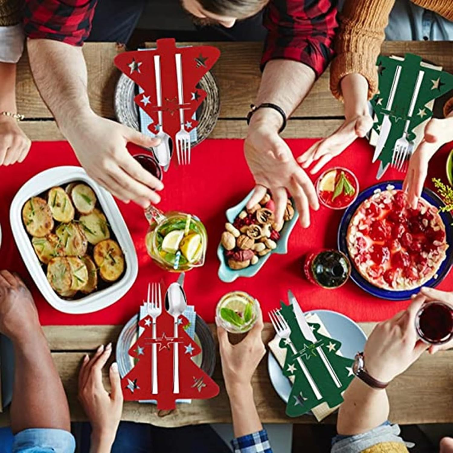 Christmas Cutlery Holder, 10Pcs Silverware Bag, Red Xmas Utensil Wraps for Party Dinner Table Supplies (Green) image number 5
