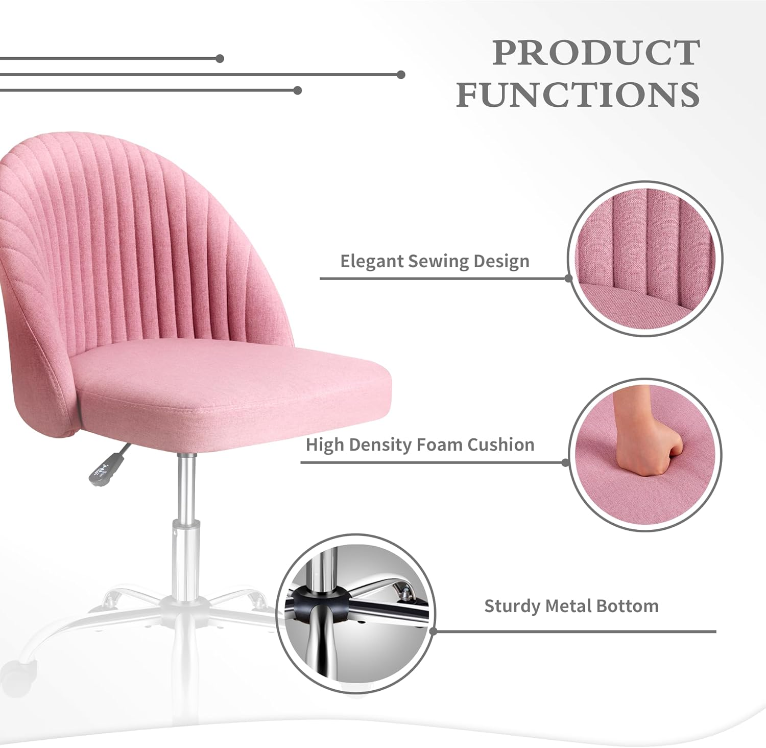 Office Chair Mid-Back Armless Swivel Task Chair with Adjustable Height, Modern Fabric Upholstered Desk Chair with Wheels, Vanity Chair for Home Office, Bedroom, Living Room (Pink) - Grey image number 5