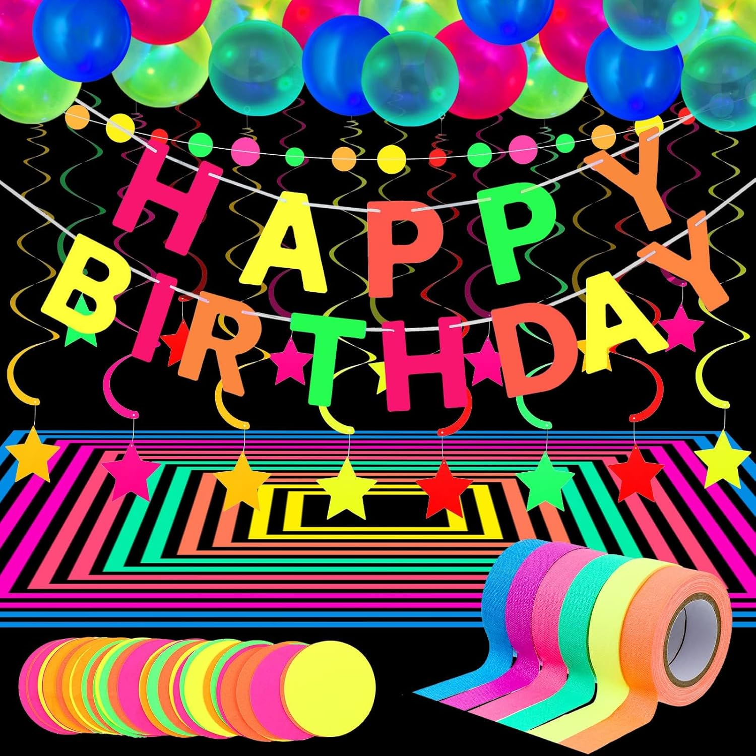 Glow Party Neon Party Supplies Includes 6 UV Blacklight Reactive Tape Luminous Tapes Neon Paper Garland Happy Birthday Banner 10 Hanging Swirls, 25 Fluorescent Balloons for Birthday Party Decorations image number 5