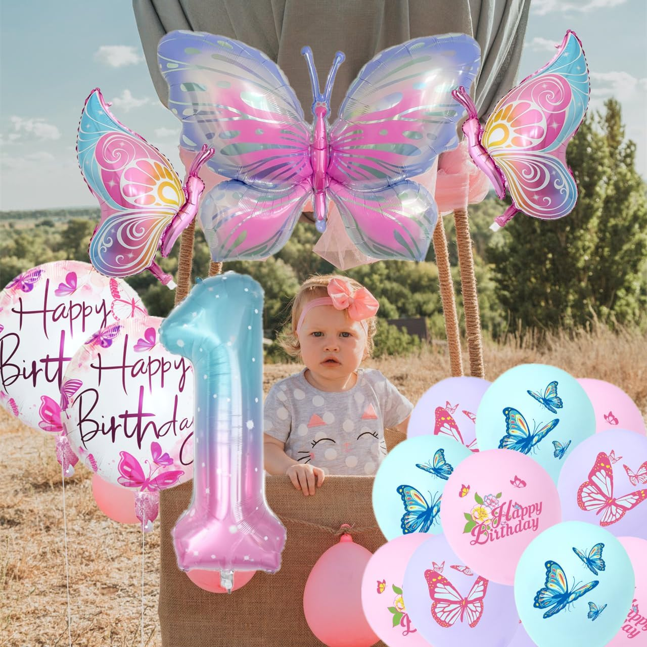 Butterfly Balloon 1St Birthday Decorations, Butterfly Balloons Colorful Gradient Pink Butterfly Foil Mylar Balloon for Fairy 1St Birthday Party Decorations Girl Party Supplies Baby Shower (1) image number 2