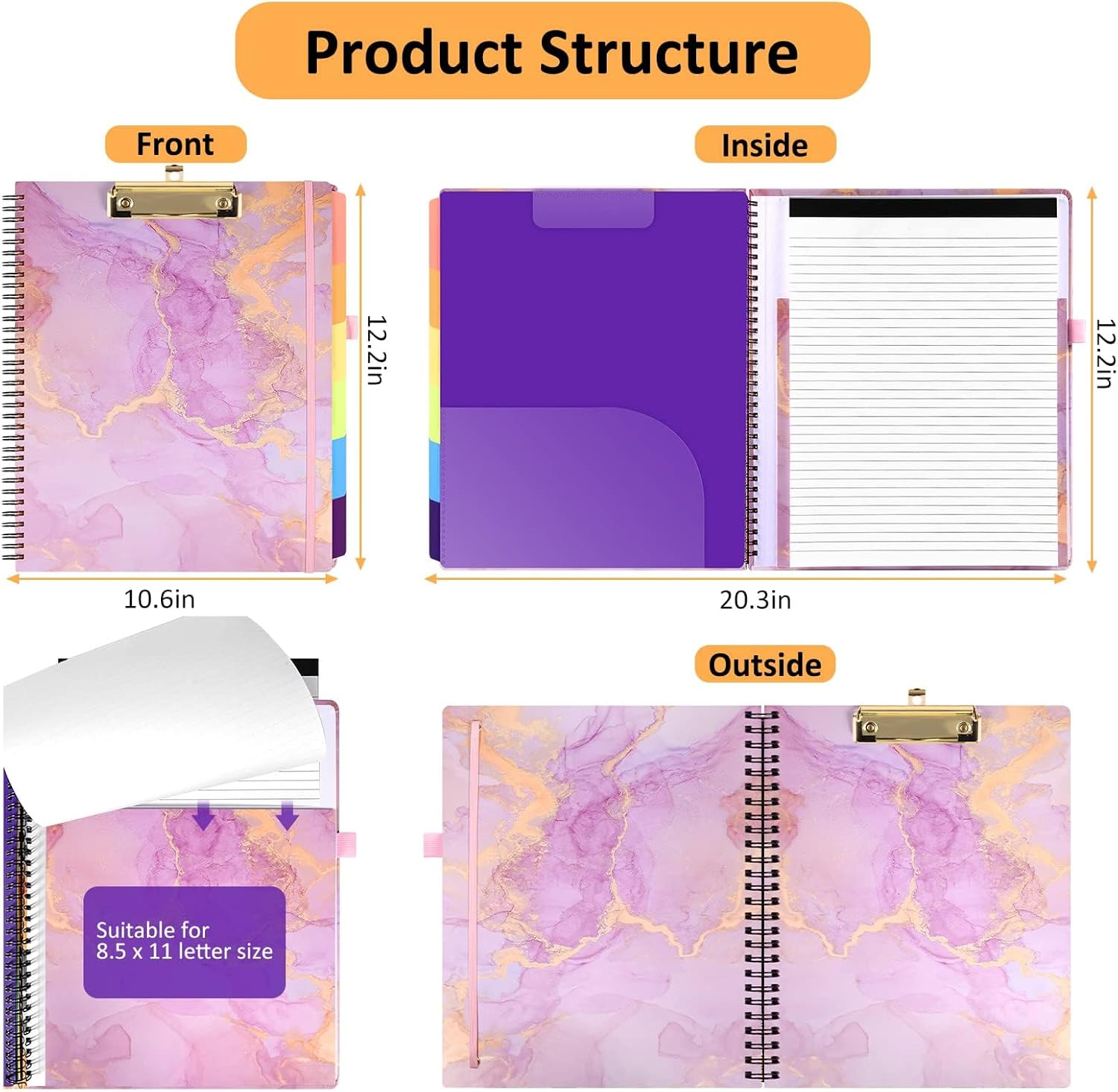 Foldable Storage Clipboard Folio, Spiral Clipboard Folder with 2 Notepad & 6 Dividers, 12 Pockets, Elastic Band, Pen Loop, Clipboard Folder Great for School Office, Letter Size (11" X 8.5"), Marble image number 5