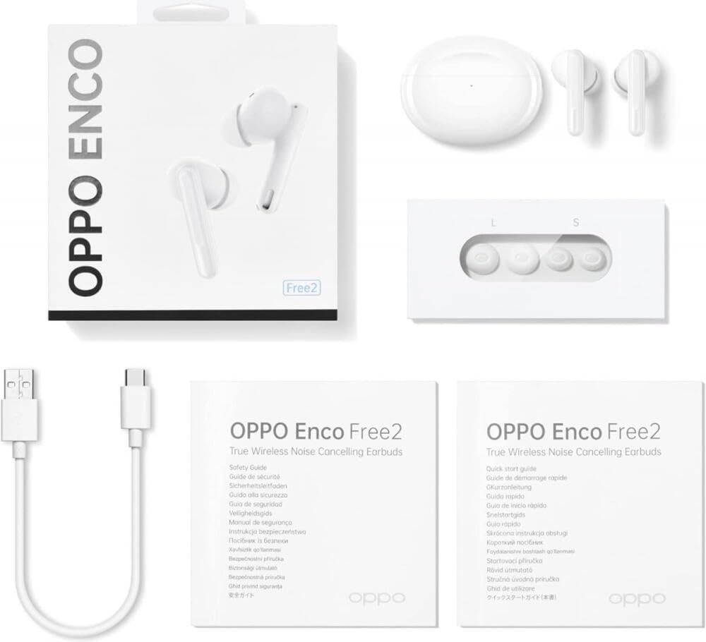 OPPO Enco Free2 Wireless Headphones, up to 30 Hours Runtime, Headphones: 41Mah, Charging Case: 480Mah, 42Db Active Noise Cancelling (ANC), Bluetooth 5.2, Sound Equalizer, USB Type-C, White image number 6