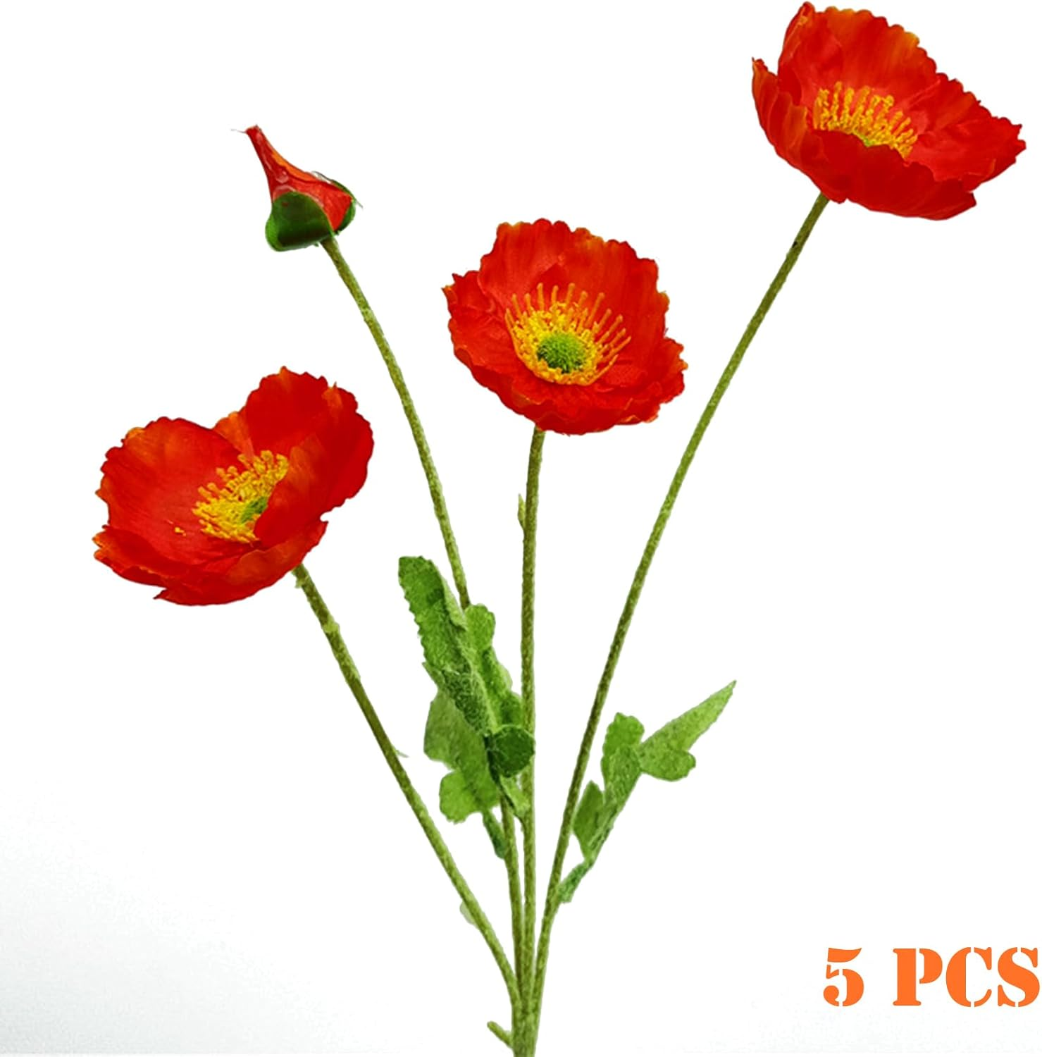 Artificial Flowers Poppy Silk Flowers with Stems, Faux Poppy Flowers Real Touch Decor Plants Realistic Bouquet for Home Kitchen Wedding Office Centerpiece Decorations (Orange Red) image number 4