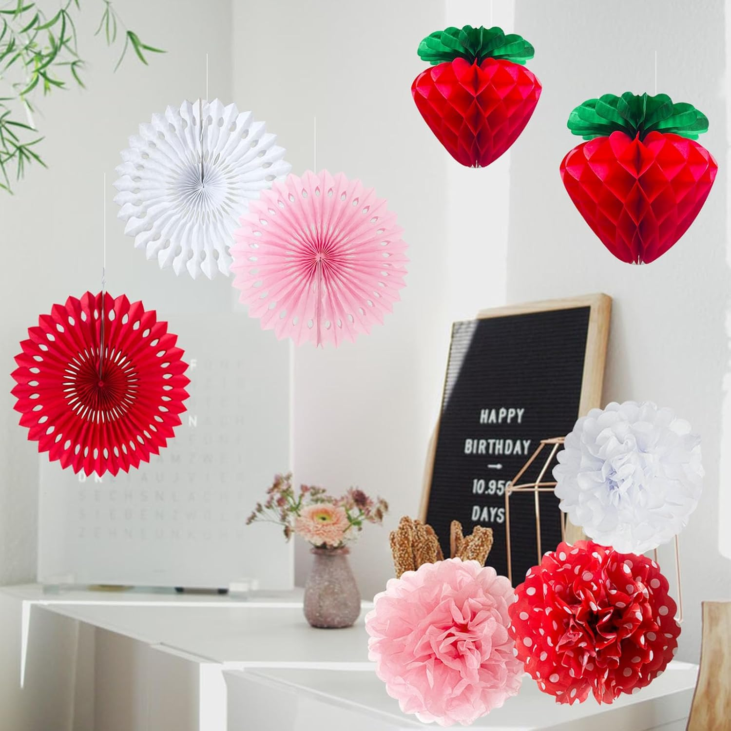 ANSOMO Strawberry Party Decorations Red Pink White Tissue Pom Poms Fans Honeycom Balls Lanterns Garland Classroom Berry Sweet Fruits 1St One Birthday Bridal Baby Shower D&eacute;cor Supplies Girls