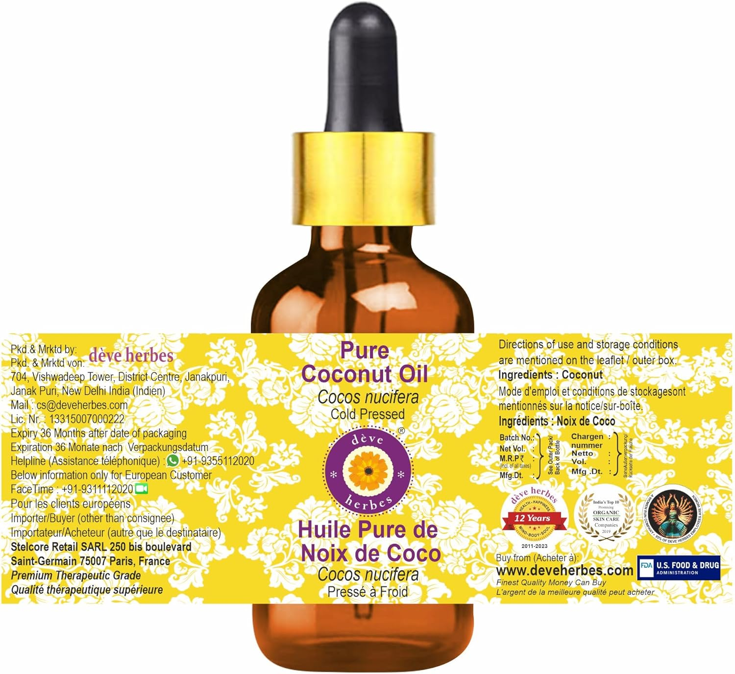 Deve Herbes Pure Coconut Oil (Cocos Nucifera) with Glass Dropper Natural Therapeutic Grade Cold Pressed 10Ml (0.33 Oz) image number 3