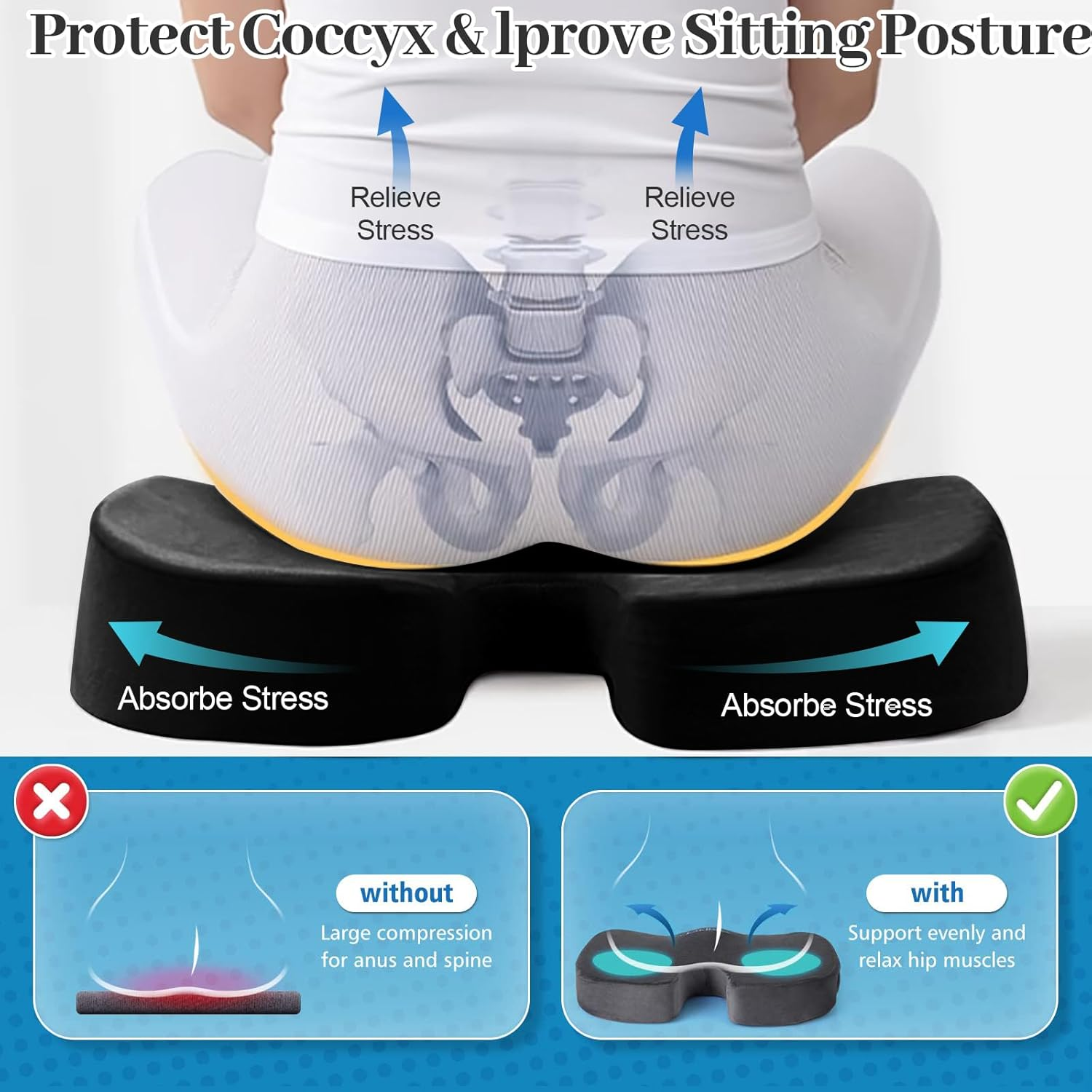 Car Seat Cushion, Memory Foam Office Chairs Cushions, Tailbone Pain Relief Padded, Sciatica & Back Support Butt Pillow for Car, Office Chair Cushion & Car Seat Cushion (Black)