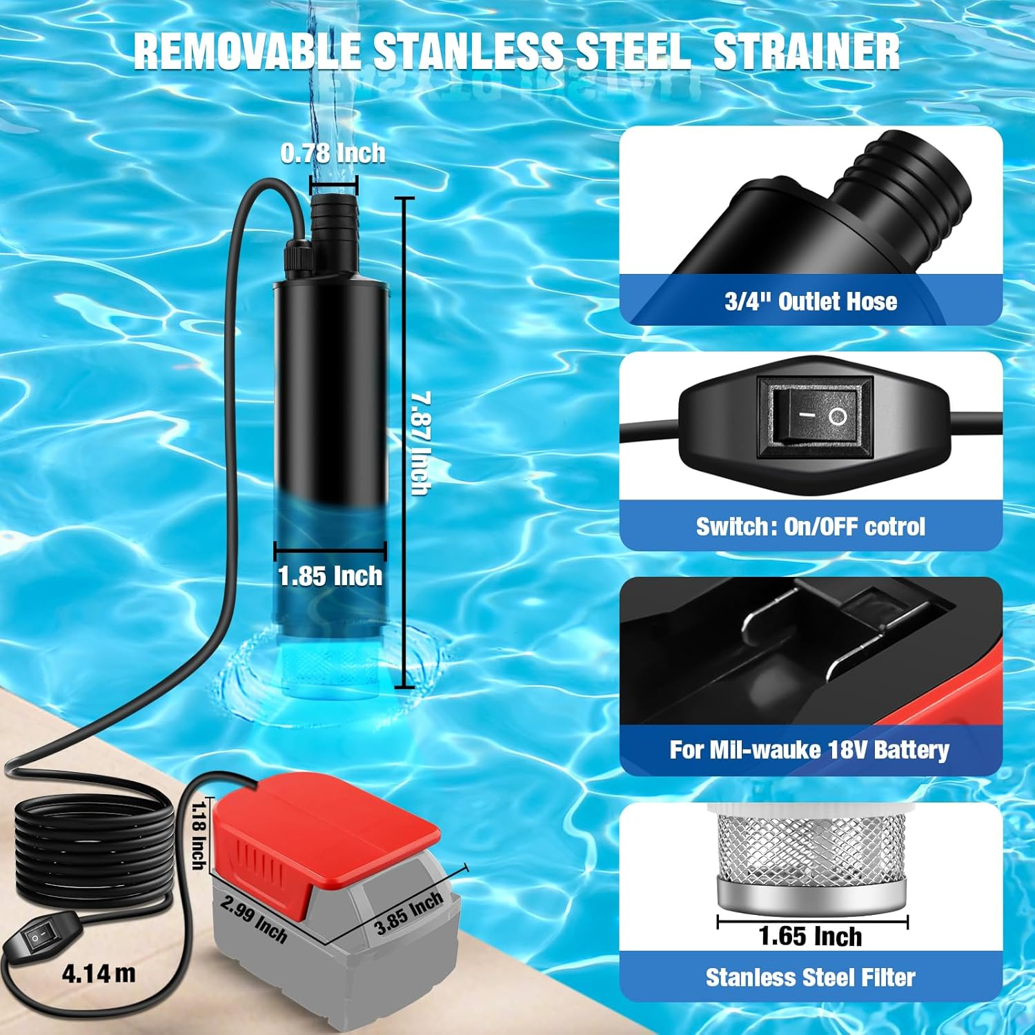 Cordless Oil/Water Pump Sump Pump Fit Milwaukee 18V M18 Battery, 120W 12V Cordless Rain Barrel Water Transfer Pump,Electric Utility Pump for Garden, Hot Tub, Tank, Pool, Ponds, Aquariums image number 5