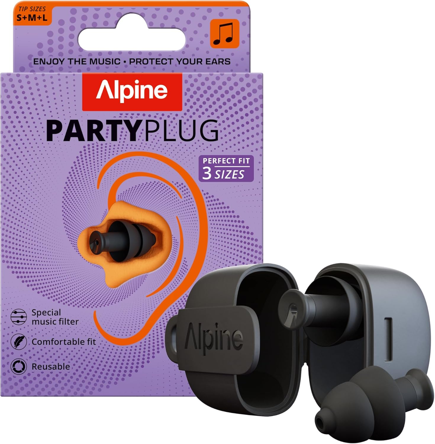 Alpine Partyplug Concert Ear Plugs 19Db - Essential Hearing Protection for Festival, Reusable Plugs for Music & Disco, High Quality Audio, 3 Sizes (S/M/L), Transparent