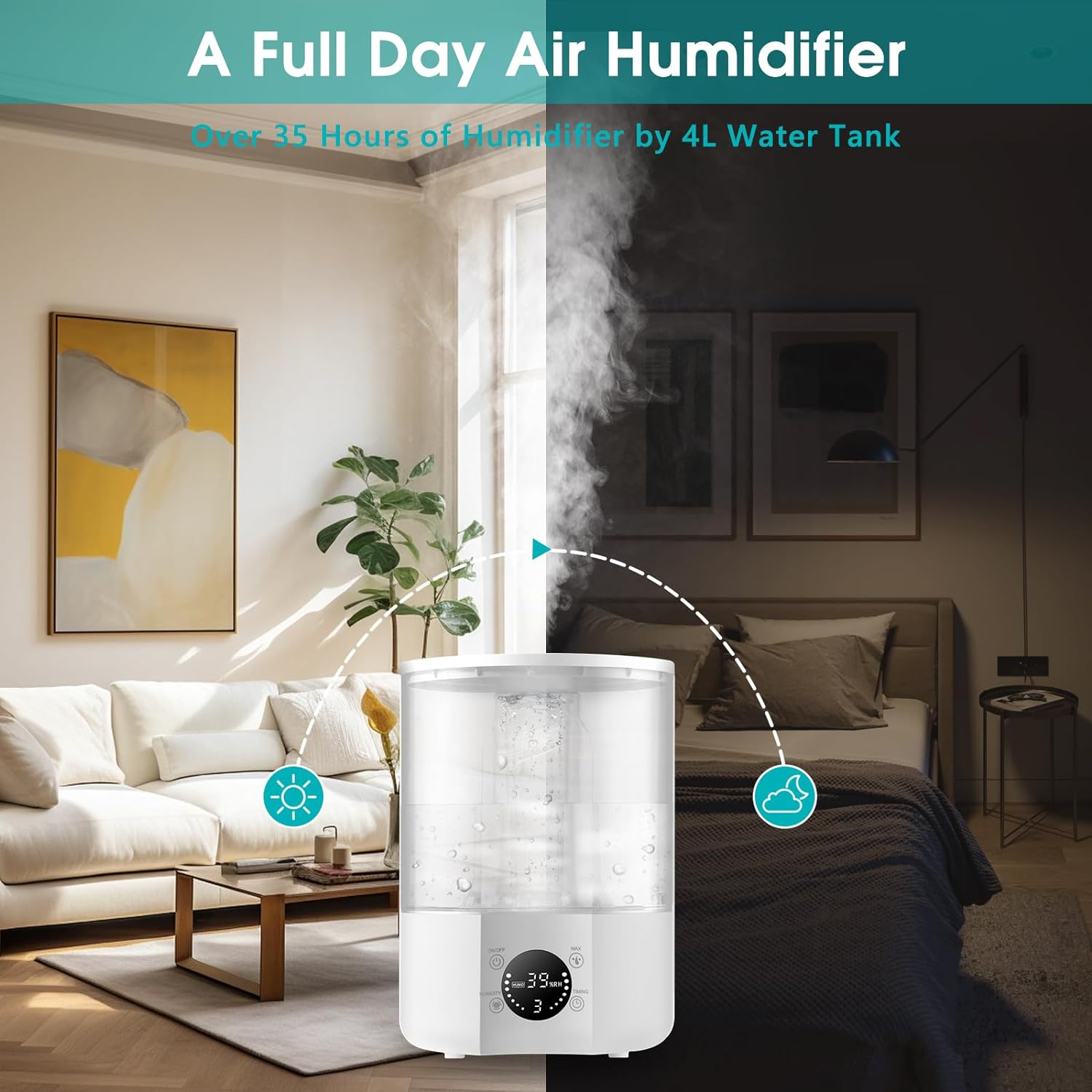 Air Humidifier with 4L Capacity, One Body Visible Water Tank, Ultrasonic Cool Mist, Add Water Above, Adjustable 360 Degree Knob, Auto Shut-Off, Digital Display, Aroma Diffuser, Low Noise Use. image number 4