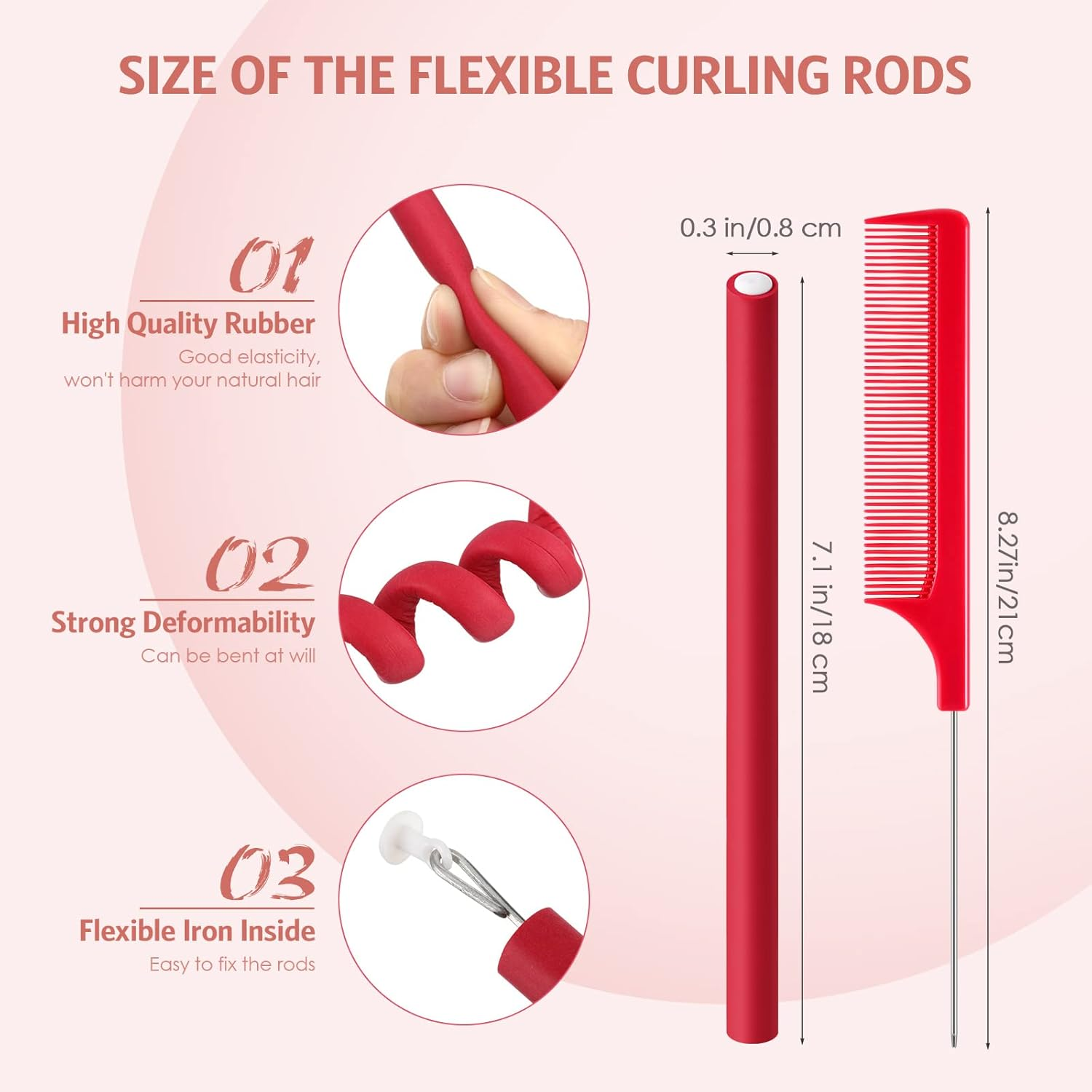 Syhood 30 Pcs 7'' Flexible Curling Rods Twist Foam Hair Rollers Soft Foam No Heat Hair Rods Rollers and 1 Steel Pintail Comb Rat Tail Comb for Women Long Short Hair(Red,7 X 0.3 Inch) image number 1