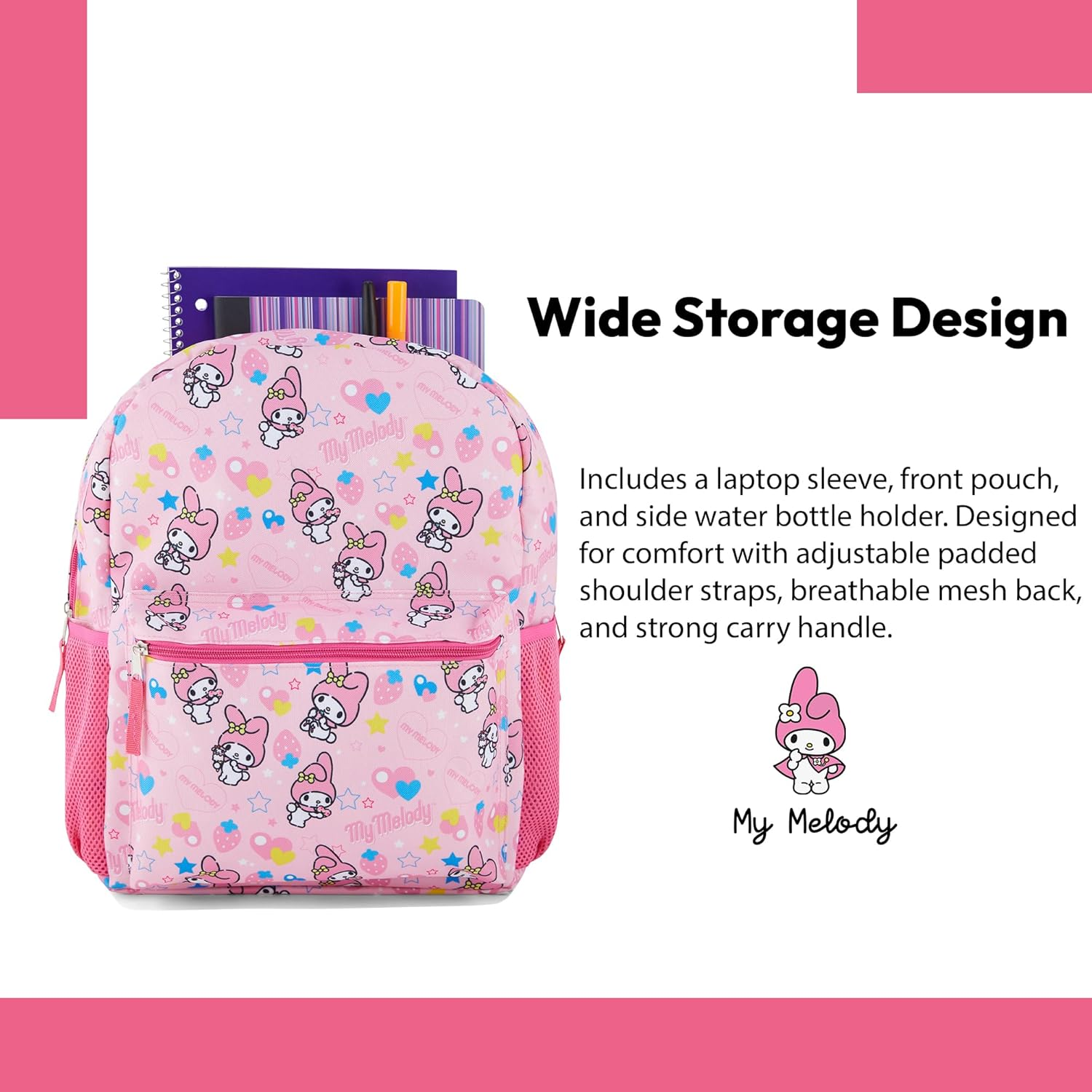 Hello Kitty Allover School Backpack - Hello Kitty, My Melody, Kuromi, Keroppi - Hello Kitty School Bookbag - Pink image number 2