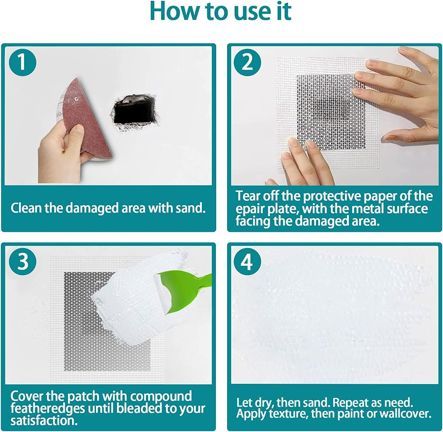 10 PCS Drywall Repair with 1 Scraper Kit, 10 CM Self-Adhesive Fiberglass Mesh Wall Repair Patch, 4 Inch Aluminum Wall Repair Patch Self Adhesive, Hole Repair Patch Kit for Damaged Drywall Ceiling