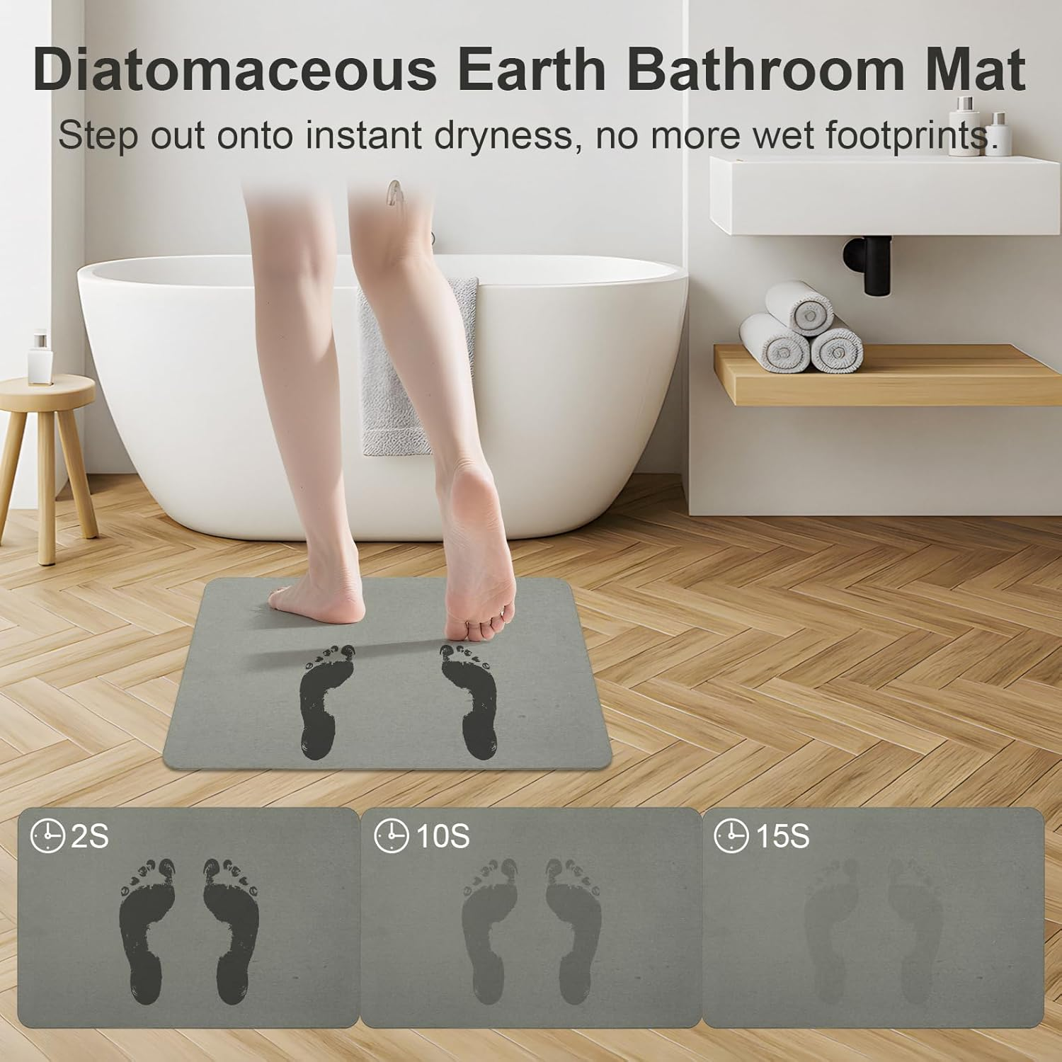 Natureva Home - Stone Bath Mat | Super Absorbent, Quick Dry, Non Slip | Modern Diatomite Bathroom Mats | Made of Natural Diatomaceous Earth (Light Gray, 60 * 40CM, Flat) (Flat) image number 3