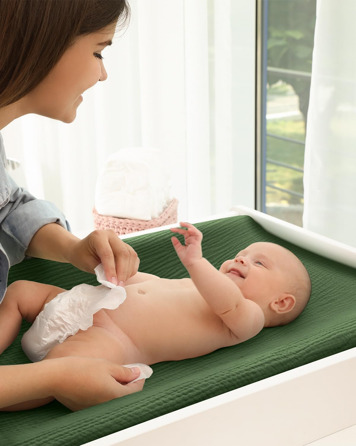 Blissful Diary Muslin Changing Pad Cover for Girls Boys, Ultra Soft Breathable Cotton, Baby Diaper Change Table Pad Covers, 2Pack (Monstera Leaves&Dark Green) image number 4